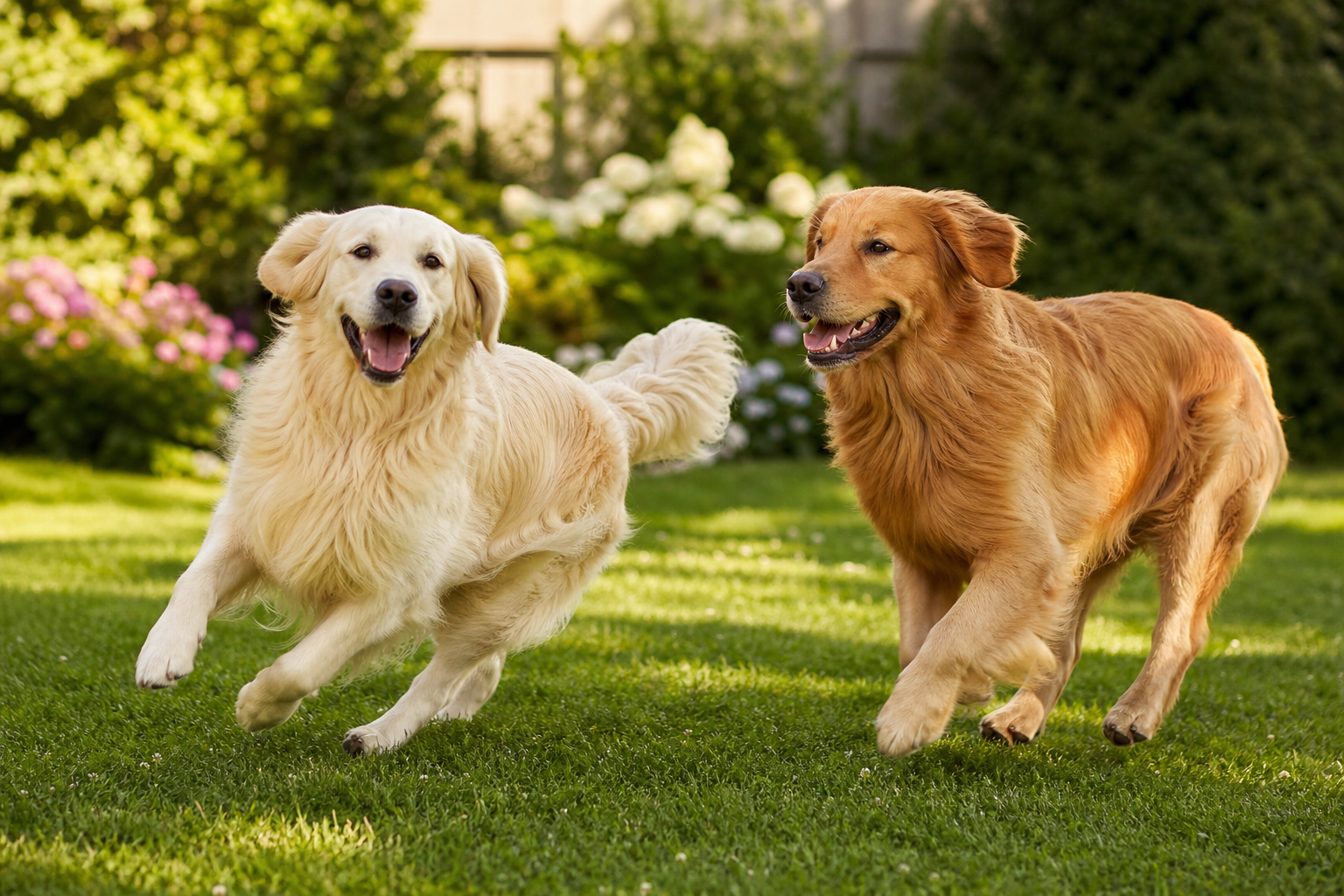 english cream golden retriever and american golden retriever playing