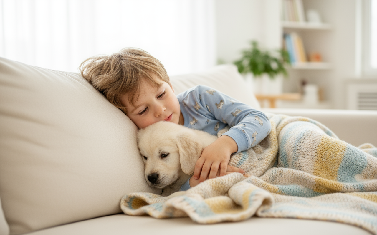 cream golden retriever puppy napping with child