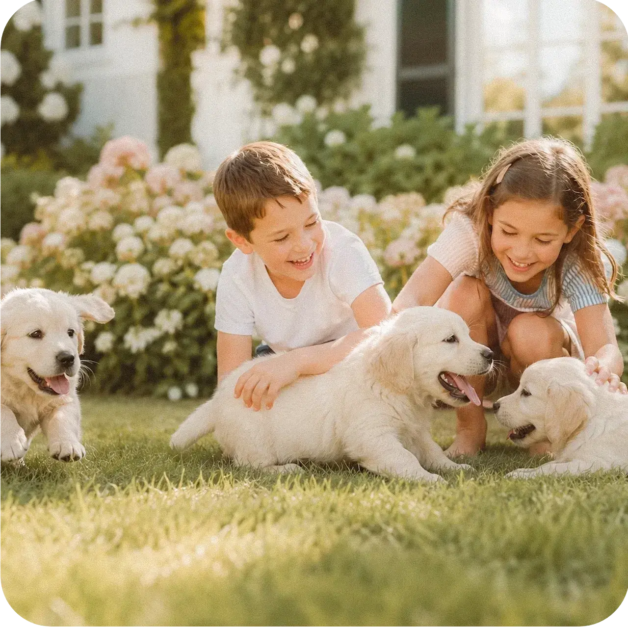 English Cream Golden Retriever puppies playing with 2 children.
